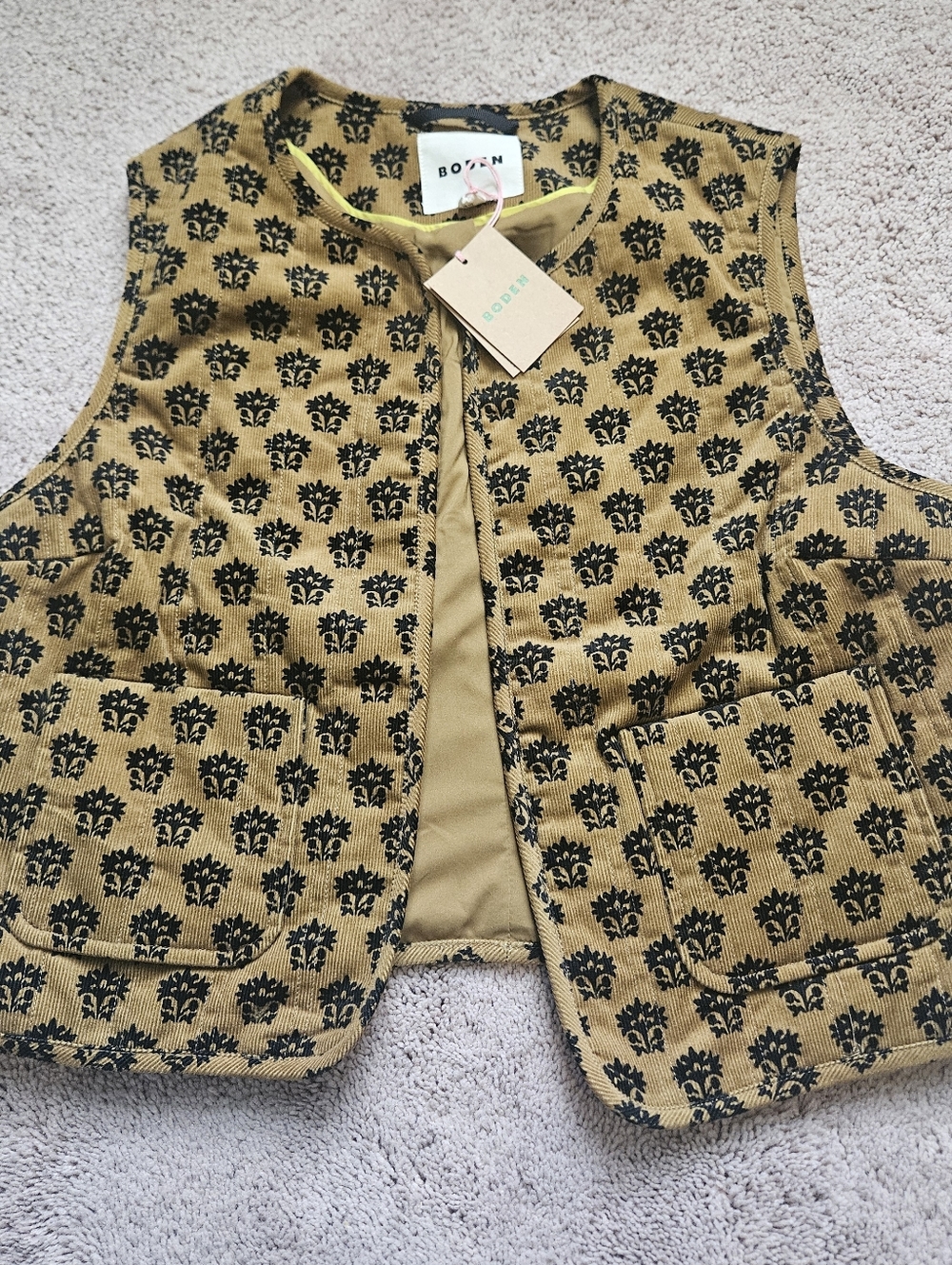 Boden Women's Cord Vest Golden Olive Lily floral NWT Pockets U0178-GRN Boho US10 - Picture 7 of 11